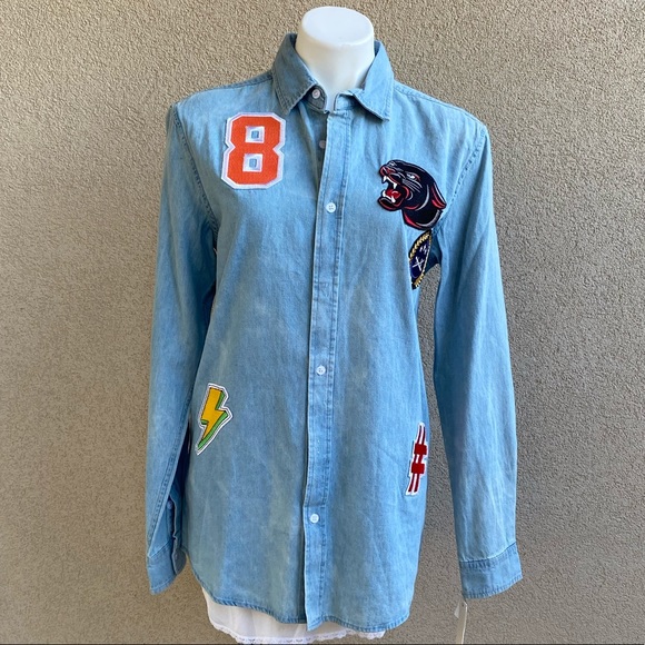 Boyfriend Chambray Button Down Patch Denim Shirt - Picture 5 of 9